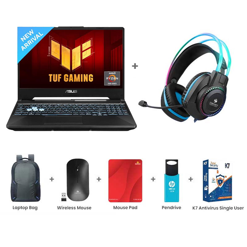 Picture of Asus TUF Gaming A15 - AMD Ryzen 7 7435HS 15.6" (39.62 cm) FA566NCR-HN075W Gaming Laptop (16GB/ 512GB SSD/ NVIDIA GeForce RTX 3050/ Windows 11 Home/ 1Year Warranty/ Graphite Black/ 2.30 Kg) Zebronics Zeb-Jet Premium Gaming Headphone + Laptop Bag + Wireless Mouse + Mouse Pad + Pendrive + K7 Antivirus Single User